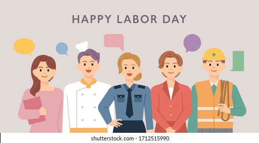 Happy Labor Day. People in various uniforms stand. flat design style minimal vector illustration.