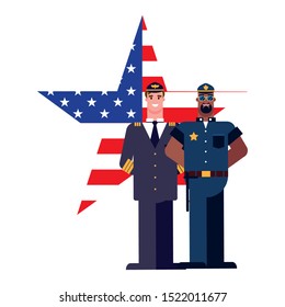 happy labor day - pilot and policeman star shaped american flag vector illustration