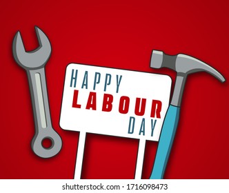 Happy labor day poster or banner. 1 May International Labor Day. Illustration of a hammer and wrench and a board that reads Labor Day.