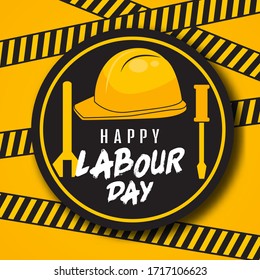 Happy labor day poster or banner design in yellow and black. 1 May International Labor Day. With illustrations of screwdrivers and wrenches.