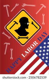 happy labor day poster or banner, worker head sign, tools and American flag