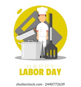 Happy Labor Day poster with a chef and cooking equipment