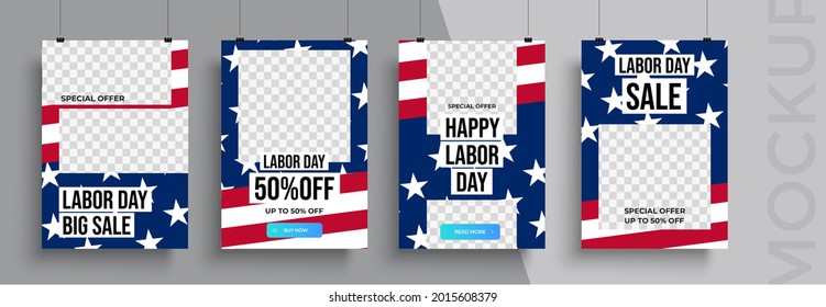 Happy Labor Day poster editable template. Set of social media mobile app for shopping, sale, product promotion.