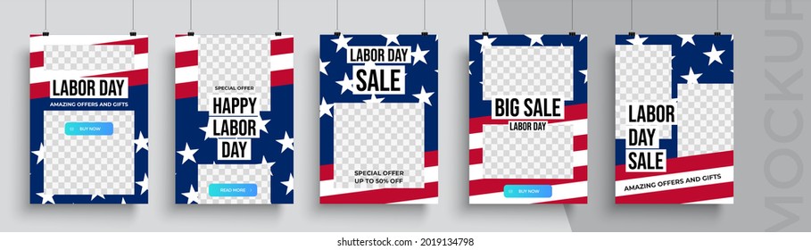 Happy Labor Day poster editable template. Set of social media mobile app for shopping, sale, product promotion.