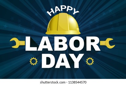 Happy Labor day poster flyer banner vector illustration. Yellow Safty helmet on burst background design. Labor day celebration concept advertising.