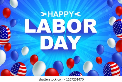 Happy Labor day poster flyer banner vector illustration. American flag balloon on blue background design. Labor day celebration concept advertising.