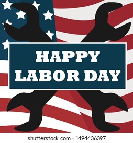 Happy labor day poster image with American flag, wrench and text vector design