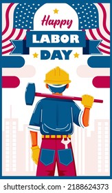 Happy Labor Day Poster Man Holding Hammer, vector illustration