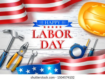 Happy labor day poster for national USA holiday with realistic industrial tools on background of usa flag. Vector measuring tape, silver wrench, screwdriver and safety hat.