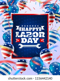 Happy Labor Day poster template.USA labor day celebration with American balloons flag,star and tools.Sale promotion advertising banner template for USA Labor Day Brochures,Poster or Banner