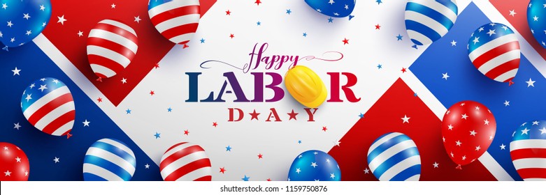 Happy Labor Day poster template.USA labor day celebration with American balloons flag,star and tools.Sale promotion advertising banner template for USA Labor Day Brochures,Poster or Banner