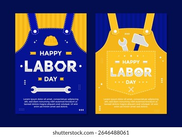 Happy Labor Day poster template set with yellow and blue color. Labor Day poster with hammer, wrench, and construction helmet on yellow and blue background