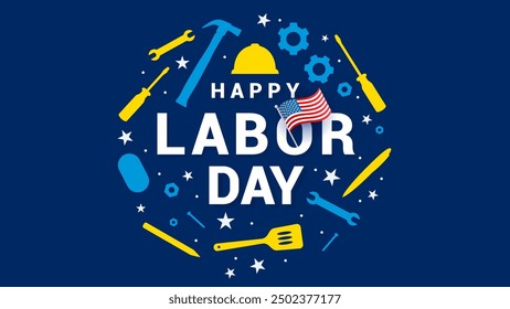 Happy Labor Day poster vector design. American flag and labor tools on navy blue background. flat design