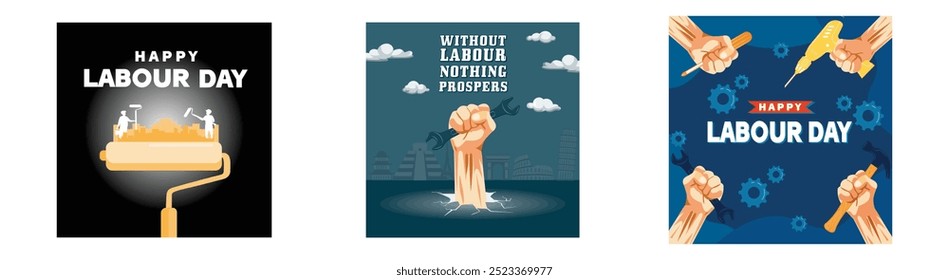 Happy Labor Day Posts and Greeting Cards.  A hand holding a wrench. International workers day. Set flat vector modern illustration 