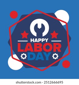 Happy Labor Day. Public federal holiday, celebrate annual in United States. American labor movement. Patriotic american elements. Poster, card, banner and background. Vector illustration