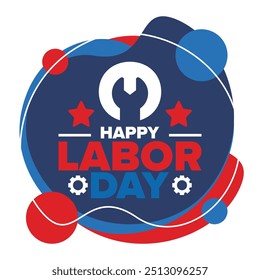 Happy Labor Day. Public federal holiday, celebrate annual in United States. American labor movement. Patriotic american elements. Poster, card, banner and background. Vector illustration
