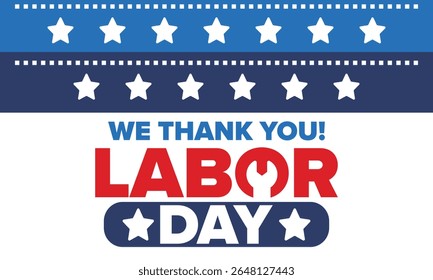 Happy Labor Day. Public federal holiday, celebrate annual in United States. American labor movement. Patriotic american elements. Poster, card, banner and background. Vector illustration