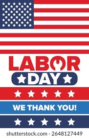 Happy Labor Day. Public federal holiday, celebrate annual in United States. American labor movement. Patriotic american elements. Poster, card, banner and background. Vector illustration
