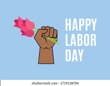 Happy Labor Day with raised fist holding a flower vector. Clenched fist holding tulip vector. Hand holding tulips icon. Black revolution hand icon. Important day