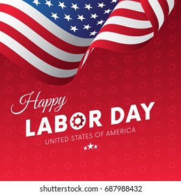 Happy Labor Day. Red gradient background. Gears background. Waving flag. Vector illustration.