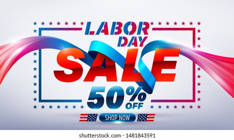 Happy Labor Day Sale 50% off poster.USA labor day celebration with blue ribbon.Sale promotion advertising Brochures,Poster or Banner for American Labor Day.Vector illustration EPS10