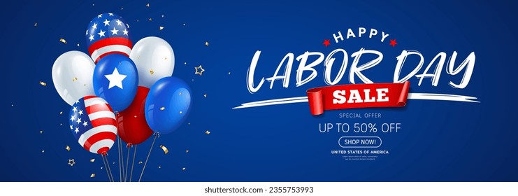 Happy Labor day sale, globos en colores nacionales de la bandera americana diseño de banner en fondo azul, eps10 ilustración vectorial
