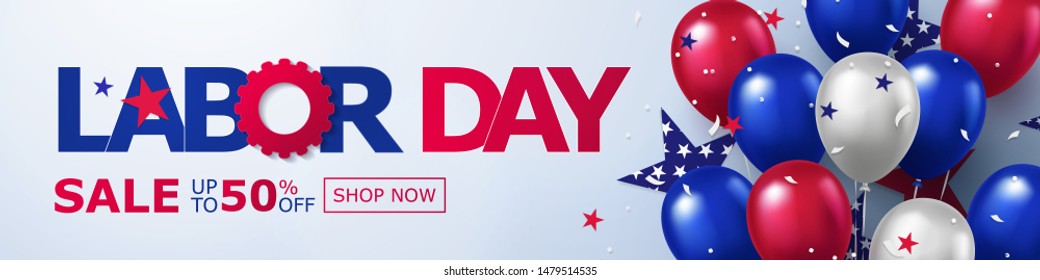 Happy Labor Day Sale long horizontal banner. USA festive design with helium balloons in national colors of american flag and stars pattern. Template  for sale, discount, advertisement, web. 