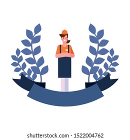 happy labor day - seller woman profession ribbon emblem vector illustration