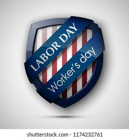 Happy Labor Day shield protection banner. Worker's day vector illustration sign. Vector Happy Labor Day badge. National american holiday illustration USA flag color. Festive shield poster banner