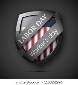 Happy Labor Day shield protection banner. Worker's day vector illustration sign. Vector Happy Labor Day badge. National american holiday illustration USA flag color. Festive shield poster banner
