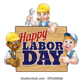A Happy Labor Day sign design with cartoon workers