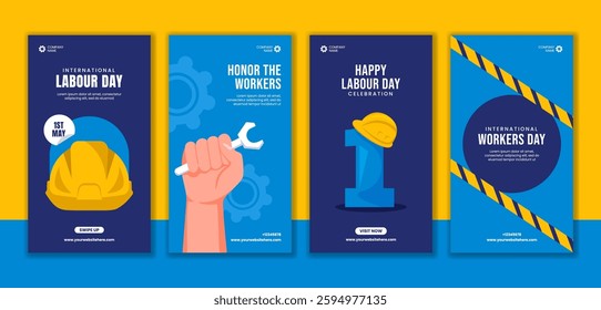 Happy Labor Day Social Media Stories Template Featuring Cartoon Workers
