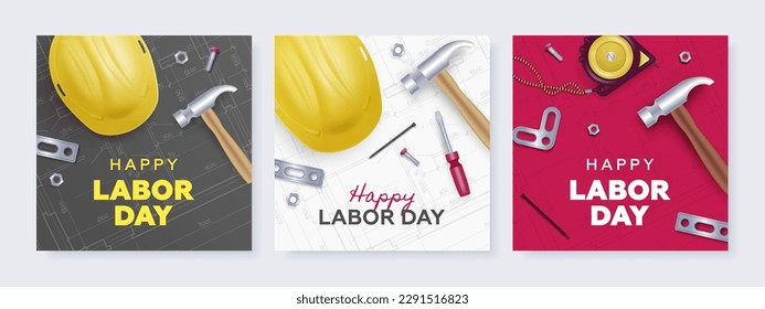 Happy labor day square banner set with yellow helmet and tools