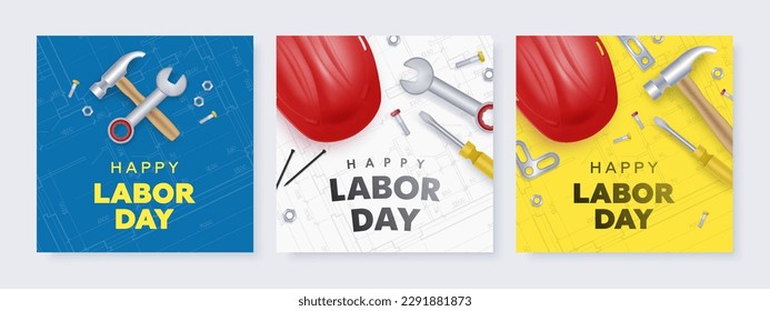 Happy labor day square banner set with red helmet and tools