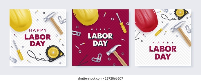 Happy labor day square banner set with red and yellow helmet and tools