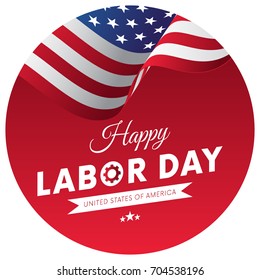 Happy Labor Day sticker or banner. Red gradient background. Waving flag. White Ribbon. Vector illustration.