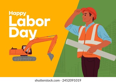 Happy Labor Day Text mit Bauarbeitern, Vektorillustrationen 