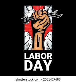 Happy labor day text with hand hold a wrench illustration. Comic style