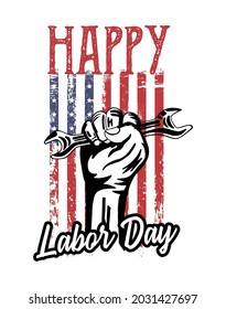 Texto feliz del día laboral con la mano sujetar la ilustración en llave