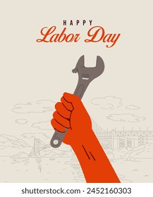 Happy Labor Day text and Hand for World Labour Day 1 May, Vector Illustration, contraction background