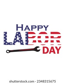 Happy labor day text with wrench and usa flag.