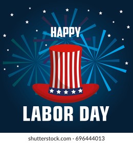 happy labor day top hat with flag united states and fireworks celebration