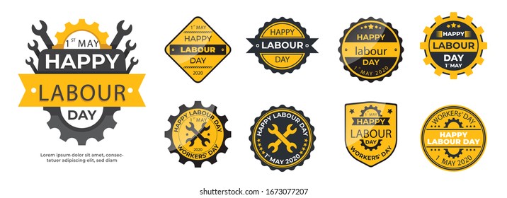 Happy labor day typographic emblems, labels set. Isolated vector elements. Labor day calligraphy, lettering design. Yellow color badges usable for labor day greeting cards, posters, banners.