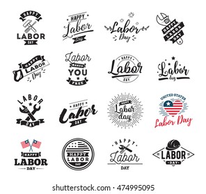 Happy labor day typographic emblems, labels set. Isolated vector elements. Calligraphy, lettering design. Badges usable for greeting cards, posters, banners.