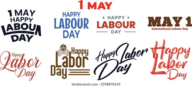 Happy Labor Day typography and calligraphy set featuring stylish, vintage, and modern fonts. Perfect for banners, posters, t-shirts, and social media celebrations. USA, workers, holiday.