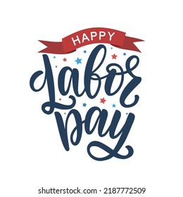 Afiche de tipografía del Día del Trabajo Feliz decorado con estrellas y cinta roja. Grabación de la jornada laboral festiva como tarjeta, postal, afiche, pancarta.