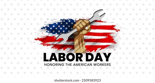 Happy Labor Day im Hintergrund der Vereinigten Staaten von Amerika, Happy Labor Day Banner. Tag der Arbeit mit US-Flaggen, für Banner, Poster, Social Media, Werbung. Vektorgrafik 