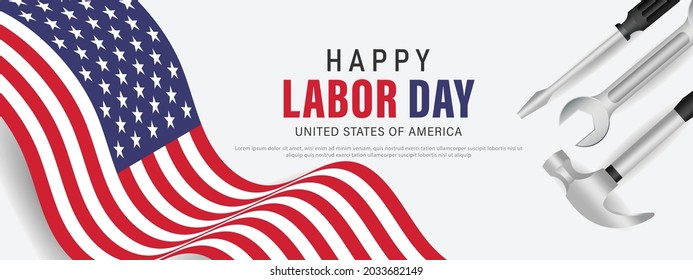 Happy labor day usa banner template design with usa flag and work equipment. vector illustration .