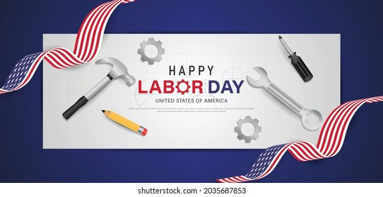 Happy labor day usa banner template design with usa flag and work equipment. vector illustration .