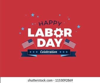 Happy Labor Day USA celebration vector illustration with American flags, and Happy Labor Day text on red background